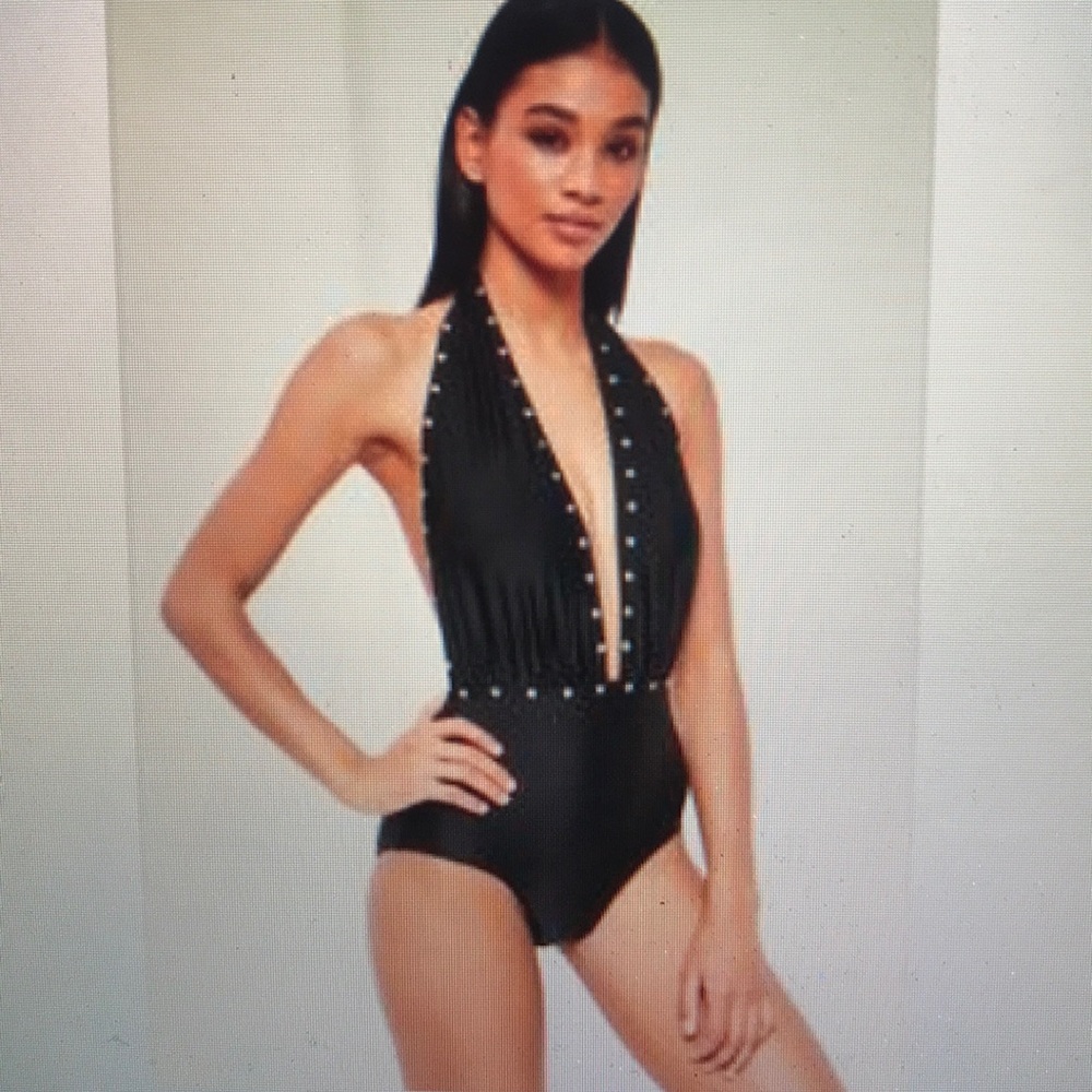 Black stud detail plunge neckline swimsuit